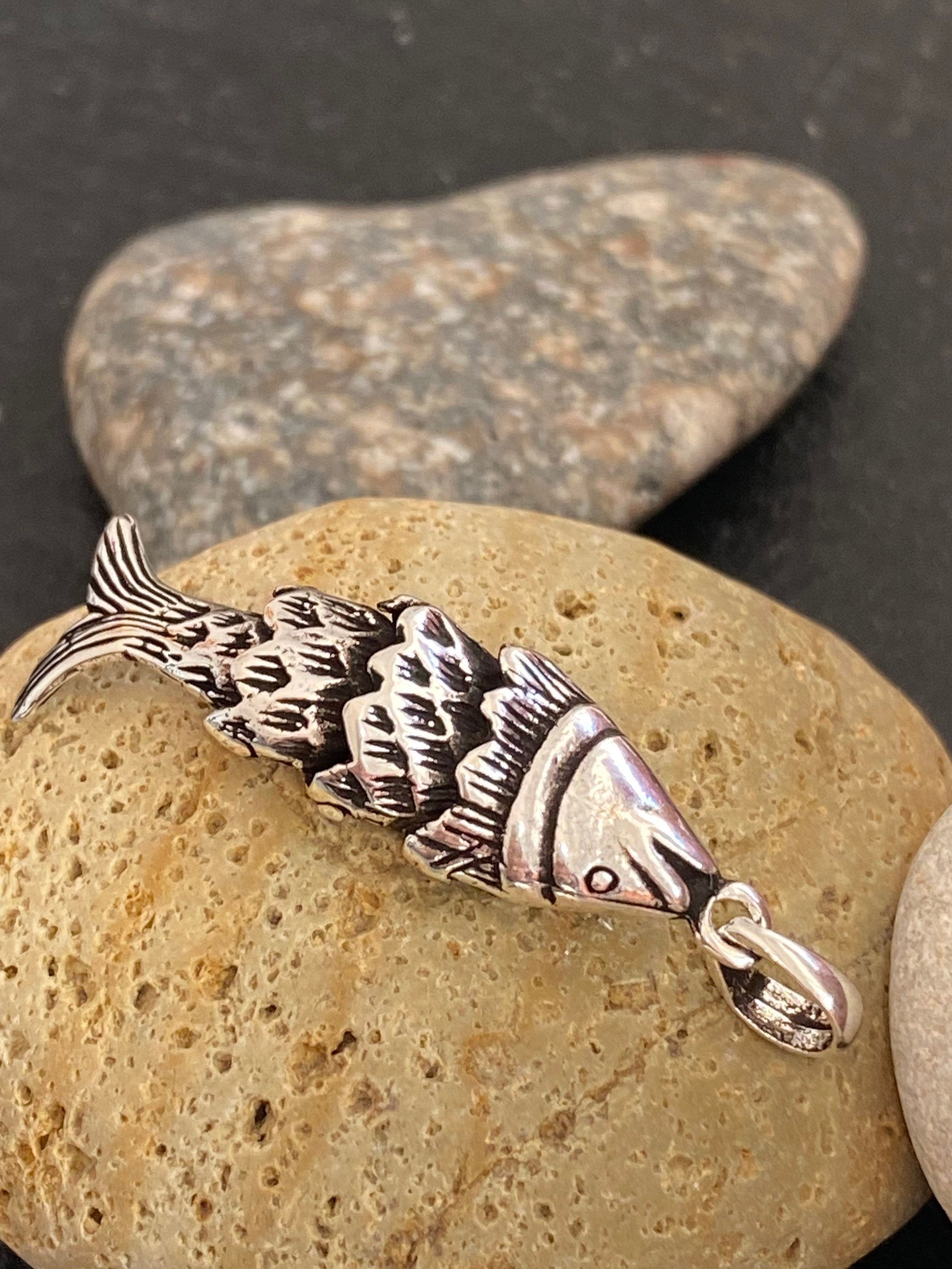Vintage CLOISONNE Articulated Fish Necklace AQUA Enamel Koi Jewelry Pendant  3.5